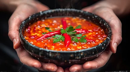 Keuken spatwand met foto A bowl of spicy chili sauce © weerasak