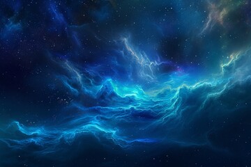 A photo of a blue and black background decorated with stars and clouds, Deep sea colors blending in a serene space nebula, AI Generated