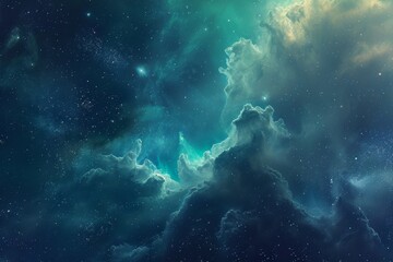 An image showing a night sky filled with stars and clouds, illuminating the darkness with their celestial glow, Deep sea colors blending in a serene space nebula, AI Generated