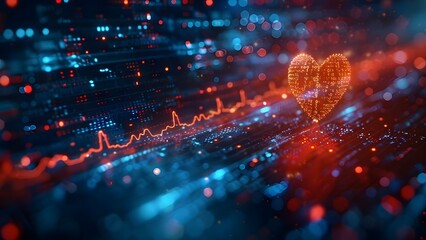 Digital Heartbeat: EKG Rhythm in a High-Tech World. Concept Digital Health, Heart Monitoring, Technological Advancements, Medical Innovations - obrazy, fototapety, plakaty