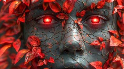 A dark, twisted, and corrupted nature spirit with glowing red eyes and a face covered in red leaves and vines - obrazy, fototapety, plakaty