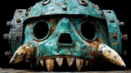 A green and rusty metal skull with horns and teeth