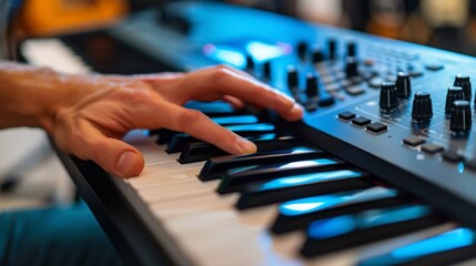 A close up of a person playing an electronic keyboard, AI