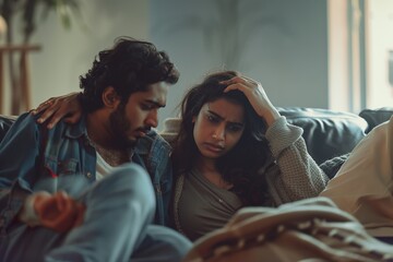 Middle eastern young couple sitting on couch after a fight Sad indian woman sitting with hand on head after quarrel with boyfriend at home Angry couple ignoring each other - obrazy, fototapety, plakaty