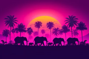 Wandcirkels aluminium A herd of elephants walking through a jungle at sunset with a pink sky and purple palm trees. © weerasak