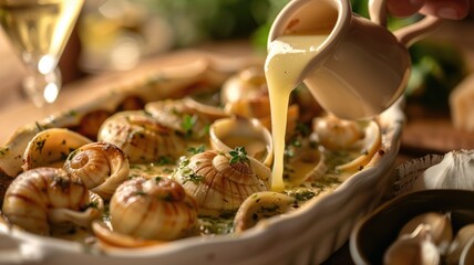 Gravy being poured on roasted onions in dish - obrazy, fototapety, plakaty