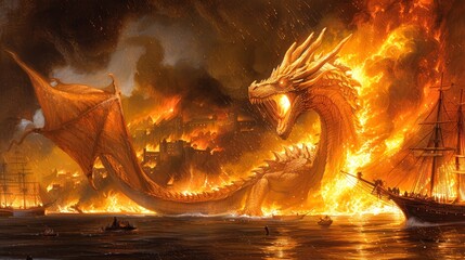 A large golden dragon is flying over a burning city. The dragon is breathing fire on the city. There are ships in the water near the city.