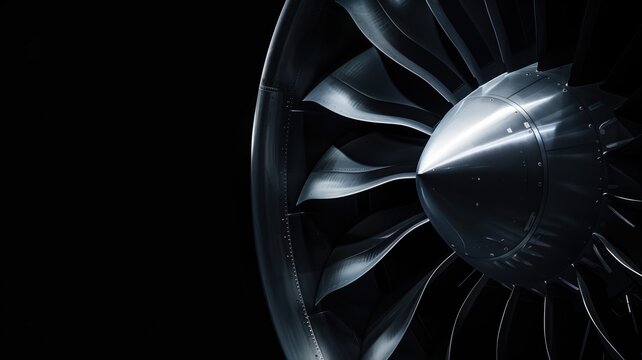 Close-up of jet engine turbine against dark background