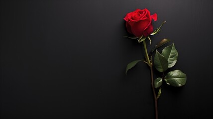 Single red rose laying diagonally on dark, black background