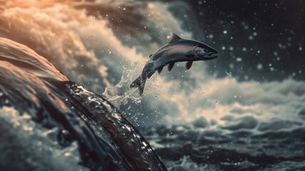 Salmon leaping upstream against dramatic sky