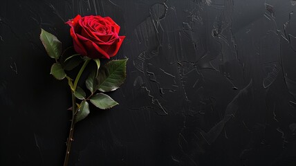 Single red rose with green leaves on textured black background