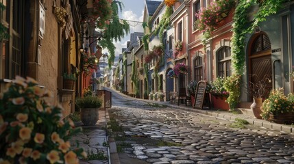 Fototapeta premium A quaint cobblestone street winding through an ancient European town, lined with charming cafes and colorful facades adorned with blooming flower boxes, exuding timeless charm and old-world romance.