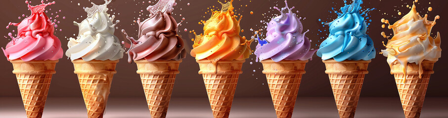 A vibrant array of soft serve ice cream cones with dynamic splashes of milk in various colors...