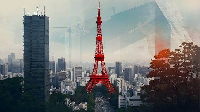 Japan's Tokyo Tower. double exposure collage illustration of minimalist contemporary artwork. AI-generated.