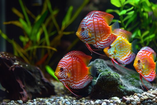 Discus fish enchantment. Embraced by aquatic plants and rocks