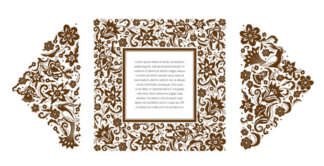 Vector floral square frame; vignette; bird, card design template. Element in Oriental style. Floral silhouette border; premade card. Ornament. Isolated ornaments.