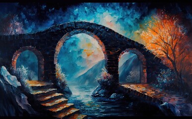 panel wall art, watercolour Mystical Bridge to Spiritual Realms, painting texture with oil brushstroke,