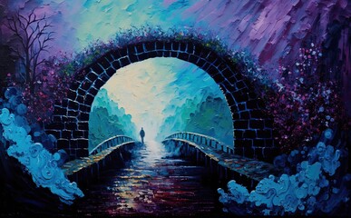 panel wall art, watercolour Mystical Bridge to Spiritual Realms, painting texture with oil brushstroke, - obrazy, fototapety, plakaty