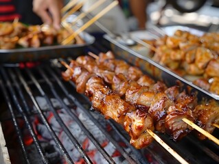 Thai Street Vendor Grilling Flavorful Pork Skewers Over Sizzling Hot Flames