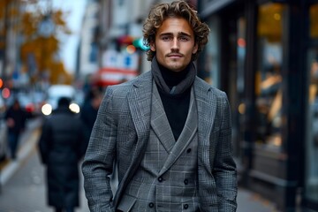 Fototapeta premium A stylish, handsome man strolls through the city, exuding elegance and confidence in his fashionable attire.