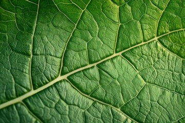 A detailed close up view of a vibrant green leaf showcasing its intricate veins and texture, Detail of a leafâ€™s veins and cells, AI Generated