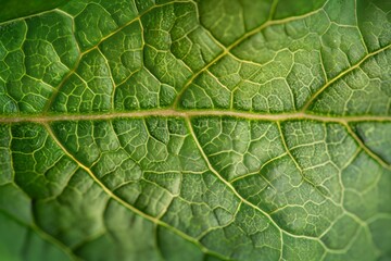 This close up view showcases the vibrant green color and intricate details of a leaf, Detail of a leafâ€™s veins and cells, AI Generated