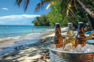 At the beachside party, a bucket of ice chills beer bottles against the backdrop of a tropical paradise.