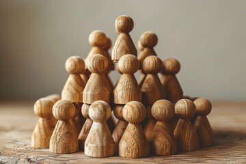 A symbolic stack of wooden pawns represents the concept of teamwork and leadership in business. - obrazy, fototapety, plakaty