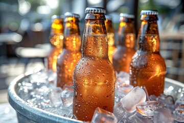 A bucket filled with ice, holding chilled beer bottles, perfect for summer refreshment.