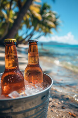 On a vacation at the seashore, a bucket of ice cools beer, adding to the holiday vibe by the beach.