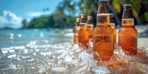 On the sandy beach, beer bottles sit in ice, offering cool refreshment against a backdrop of sea and sky.