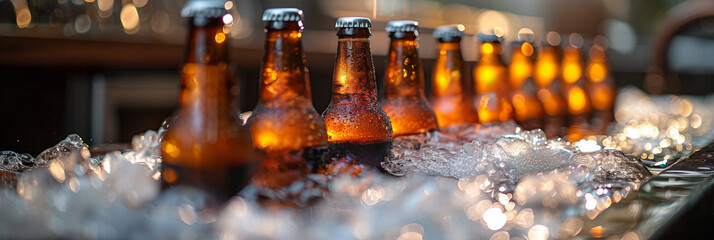In the cozy tavern, beer bottles chill on ice, offering refreshing drinks for the patrons.