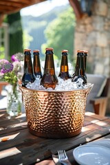 A summer party on a sunlit patio, with an ice bucket filled with cold beer bottles.