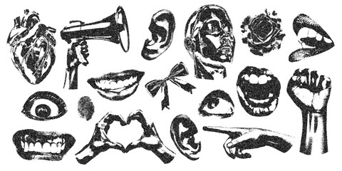 Naklejka premium Mouth, heart, speaker, head, scream, hand, flower, ear with halftone stipple effect, for grunge punk y2k collage design. Vector illustration in stipple halftone brutalist retro design for vintage sale