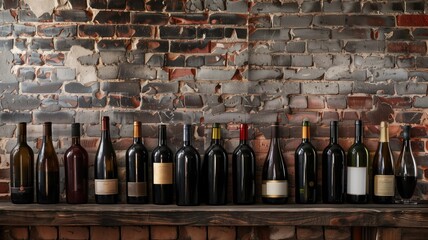 Assorted wine bottles on wooden shelf against brick wall - obrazy, fototapety, plakaty