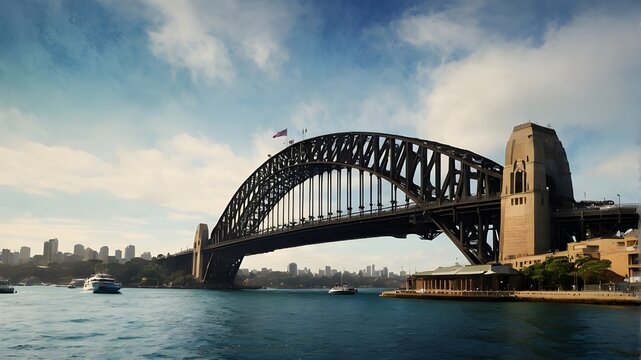 Sydney Harbour Bridge watercolor image, abstract and minimalist. AI-generated.