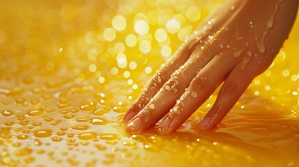 A person's hand is touching a yellow liquid with bubbles, AI
