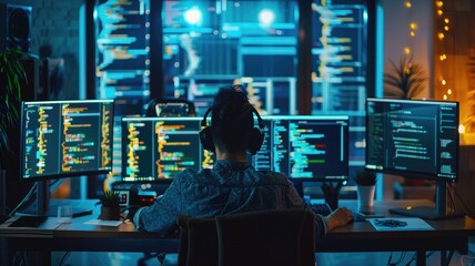 Person at multi-monitor computer setup with code on screens