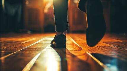 Person walking on wooden floor in sunlight, focus shoes