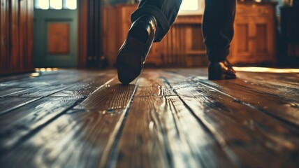 Person walking on wooden floor in sunlight, close-up feet - obrazy, fototapety, plakaty