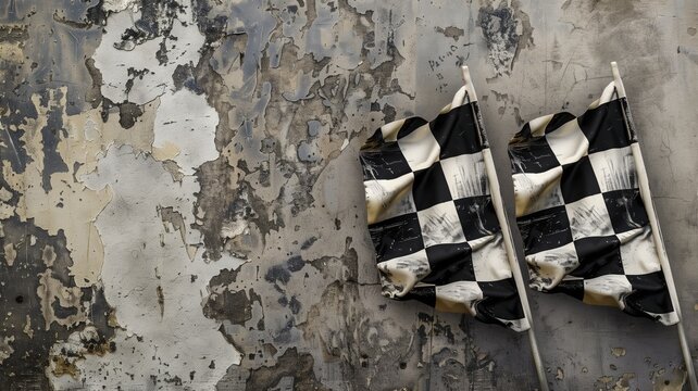 Two weathered checkered flags against peeling paint wall, indicating finish line or end of race