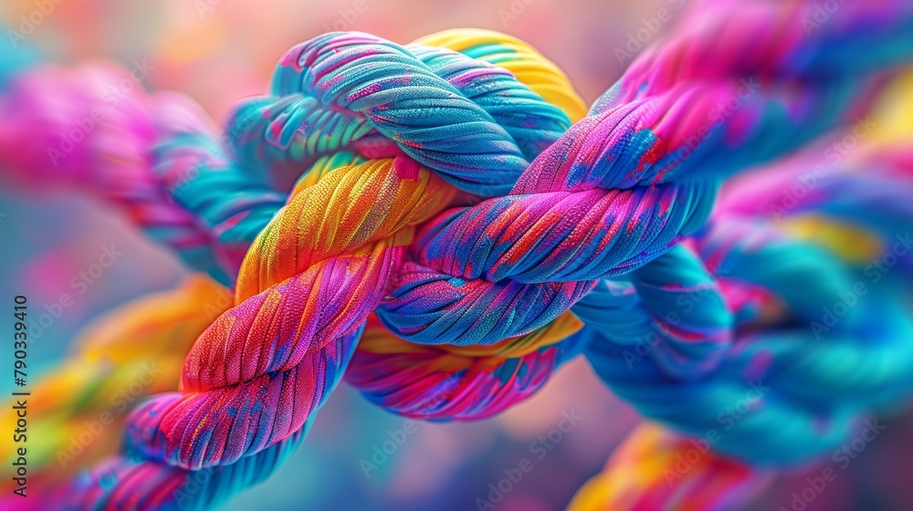 Poster a vibrant and intricate close-up of a multi-colored rope, showcasing its twisted fibers and various 