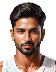 Obraz premium Handsome young South Asian man with stylish hair, wearing a tank top, isolated on a transparent background, ideal for fashion and cultural diversity concepts