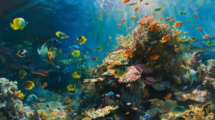 Naklejka na ściany i meble Tropical fish frenzy: A diverse array of tropical fish congregates around a vibrant coral outcrop, creating a bustling underwater scene.