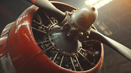 Close-up of vintage propeller airplane engine with red cowling, possibly from classic aircraft - obrazy, fototapety, plakaty