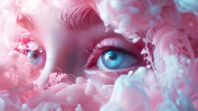 A woman's face is covered in pink and blue paint, creating a surreal 4K motion