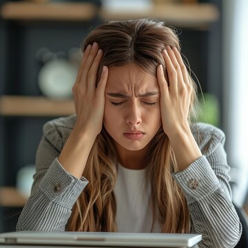 Woman suffering from headache at workplace in office, , copy space ,Photo for photostock , copy space