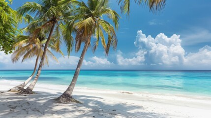 Tropical paradise: Palm trees sway in the breeze on a pristine tropical beach, where turquoise waters meet white sandy shores.
