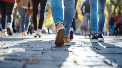 People walking on city street, focus legs and shoes - obrazy, fototapety, plakaty