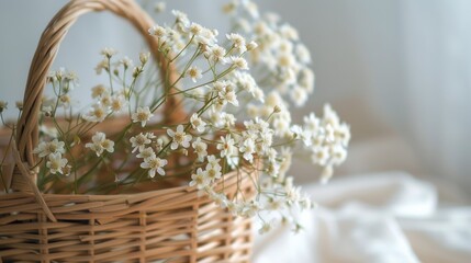 Fototapeta na wymiar Basket of White Flowers on Table